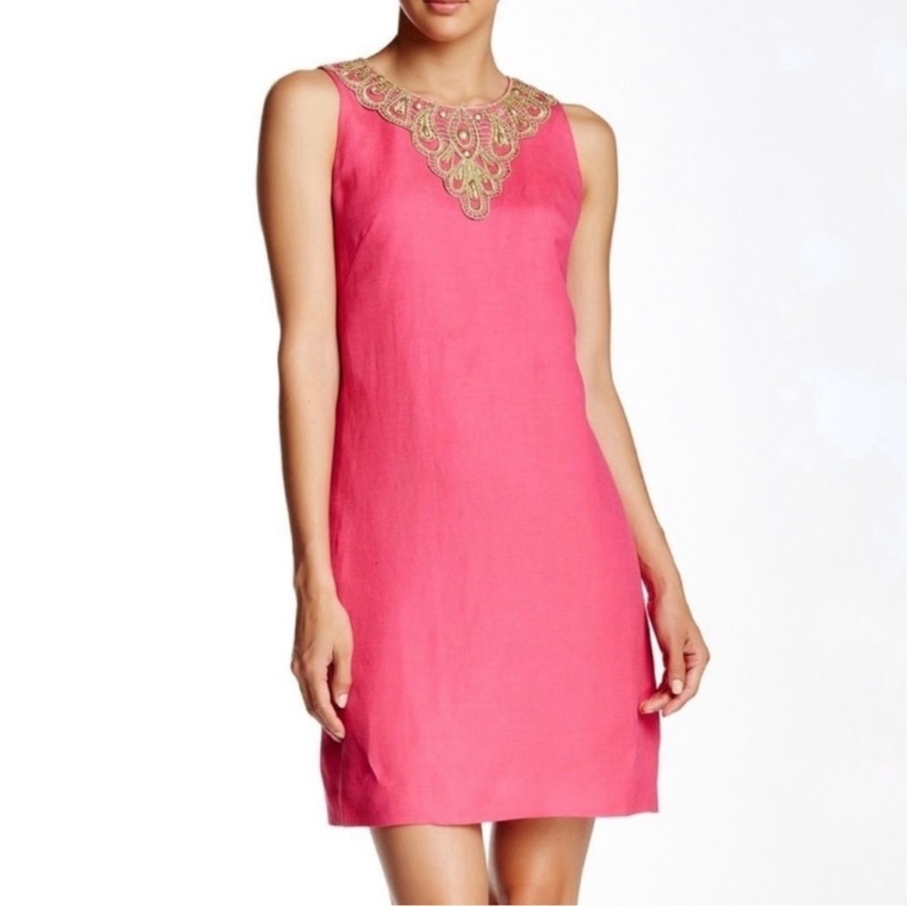 Nwt Eliza J Linen Gold Shift Midi Pencil Sleeveless Collar Summer Bead Pink